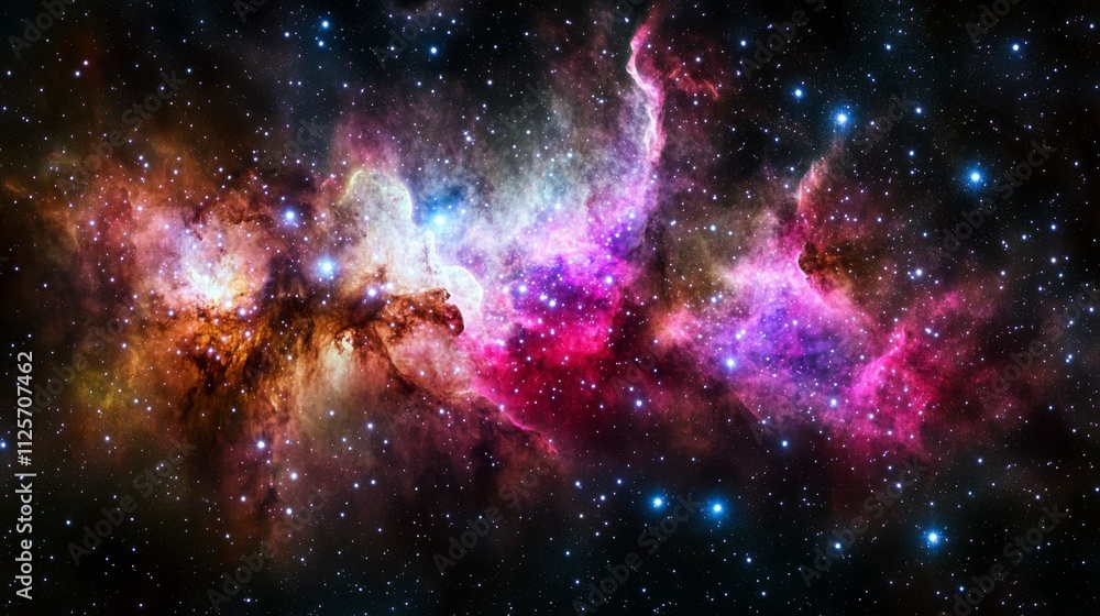 Obraz premium A dynamic cosmic landscape of glowing nebulas and distant galaxies. Abstract space background with vibrant colors and shimmering starlight patterns.
