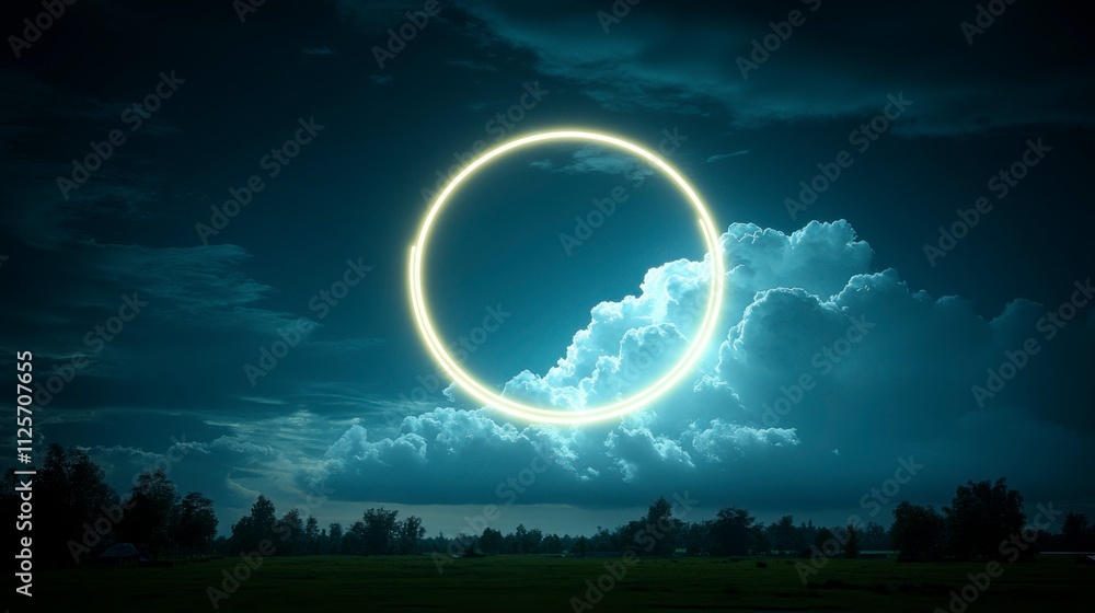 Glowing neon light ring encircling an abstract cloud in a dark night sky. A surreal 3D render featuring a luminous geometric round frame with a futuristic aesthetic. Glowing neon light ring encircling an abstract cloud in a dark night sky. A surreal 3D render featuring a luminous geometric round frame with a futuristic aesthetic.