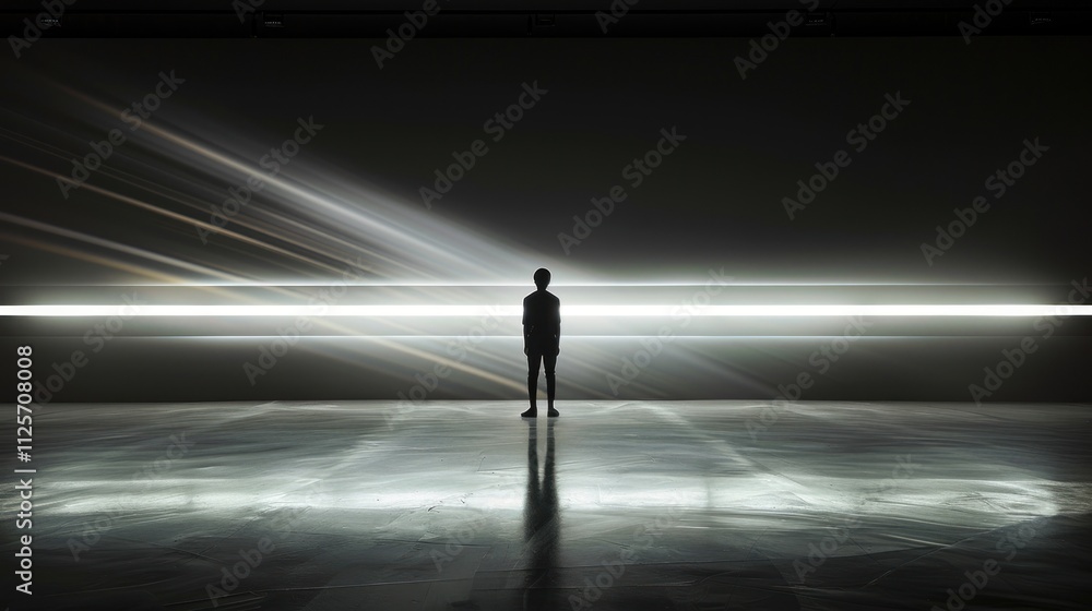 Silhouette stands, bright light, dark room. Silhouette stands, bright light, dark room.