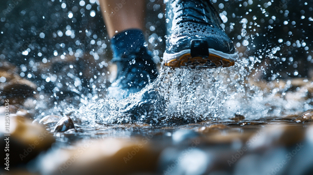 Runners shoes splashing through shallow water, creating dynamic droplets Runners shoes splashing through shallow water, creating dynamic droplets