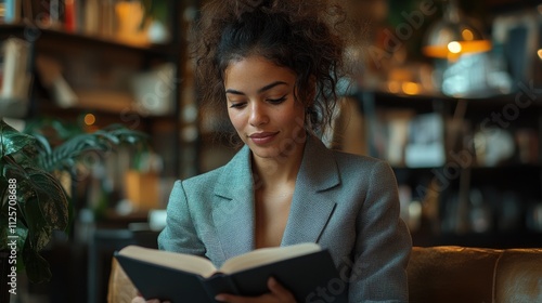 A woman is reading a book in a cozy setting. Generative AI