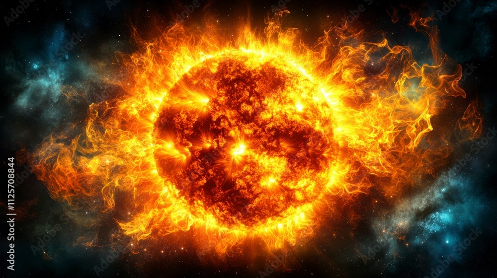Obraz premium A celestial view of the sun in space, glowing intensely against a dark background. Elements of light bursts and flares showcase the starâ€™s dynamic energy.