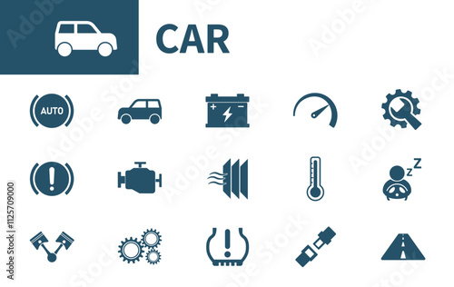 Car icon. Collection of solid vector icons on the theme of automotive engineering, engines, brakes, safety, air filters.