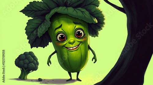 Cute cartoonish green vegetable character with eyes and a smile, surrounded by leafy greens, set against a soft green background Fun and playful concept ideal for children s content photo