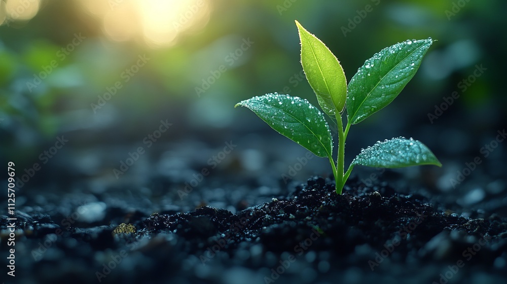 Fresh Green Plant Sprouting from Dark Soil in Morning Light