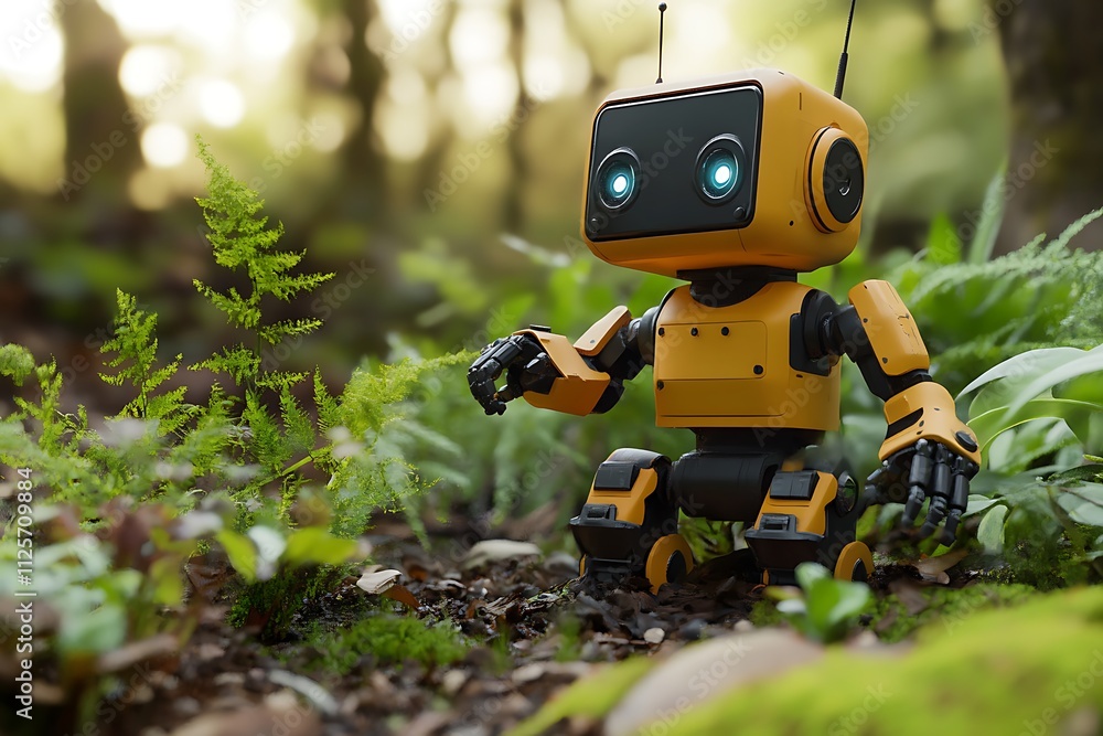 A cute robot exploring a lush, green forest environment. A cute robot exploring a lush, green forest environment.