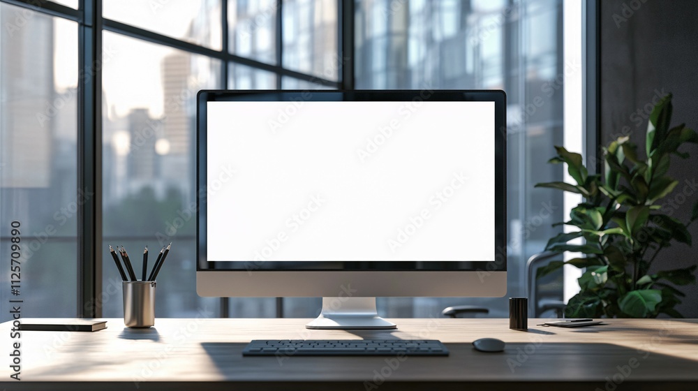 Fototapeta premium Modern Office Workspace With Blank Computer Screen