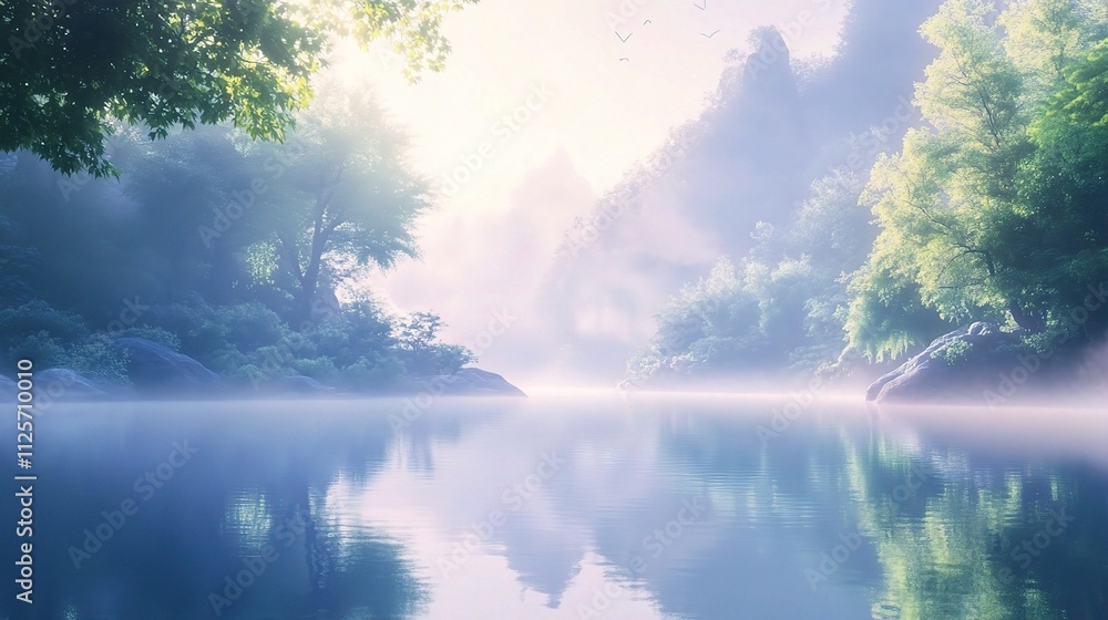 Tranquil Scene of Calm River with Misty Trees and Soft Light Tranquil Scene of Calm River with Misty Trees and Soft Light