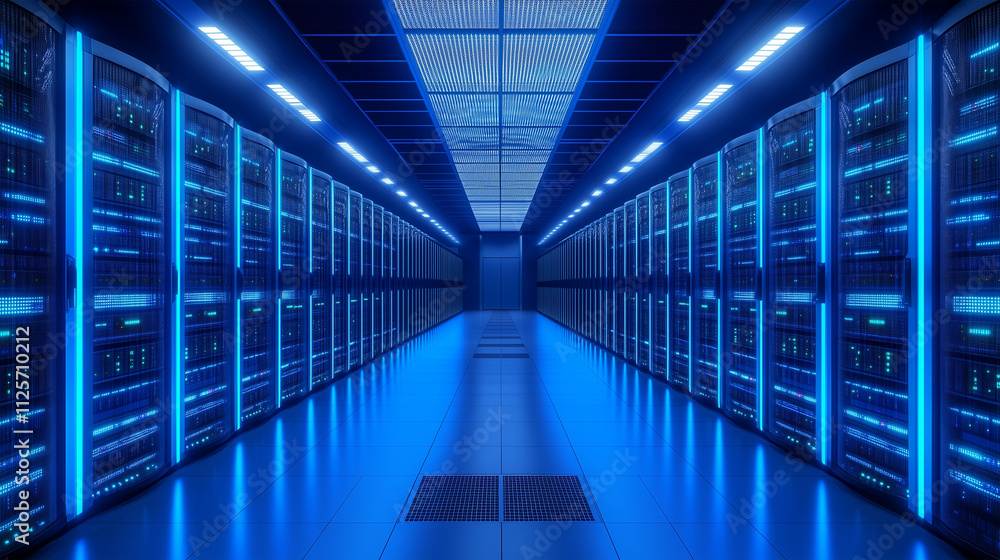 Modern Server Room with Blue Lighting Modern Server Room with Blue Lighting