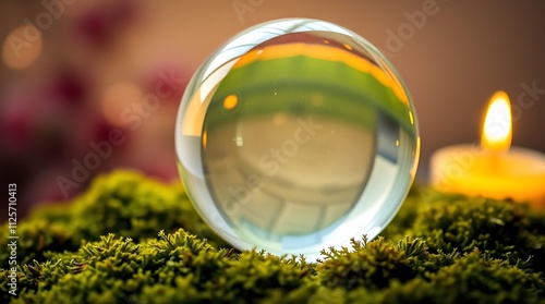 Crystal globe glass on green moss in forest to protect nature Save and care World for sustainable. concept of the environment ecology and Earth Day. eco environment and ESG concept photo