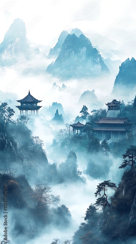 Misty mountain landscape with ancient temples. Misty mountain landscape with ancient temples.