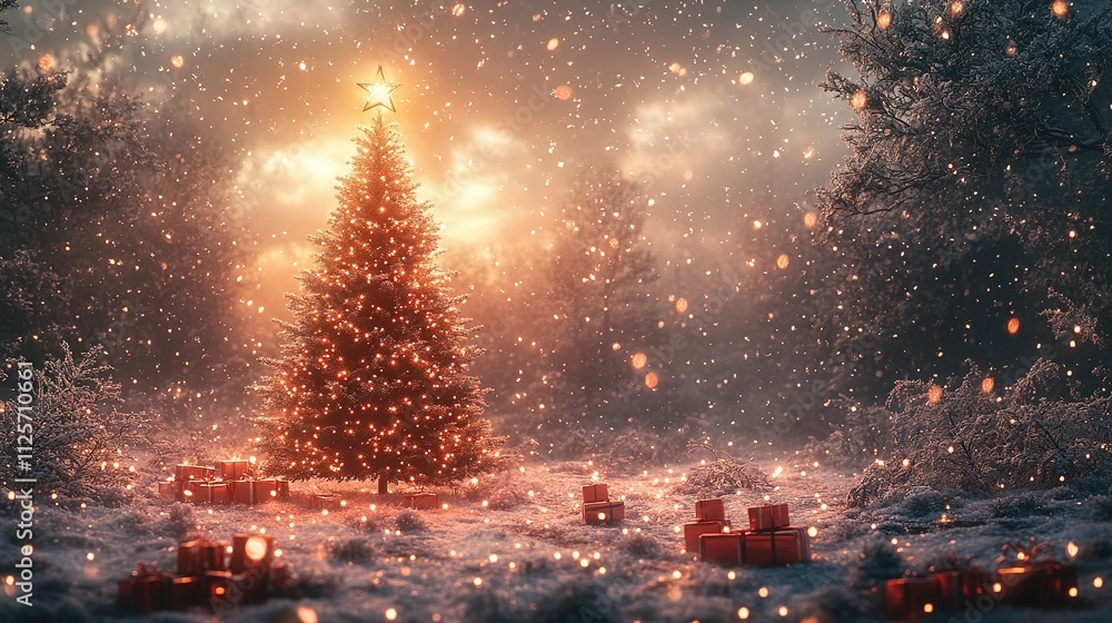 Naklejka premium Illuminated Christmas Tree Amidst Snowy Winter Wonderland