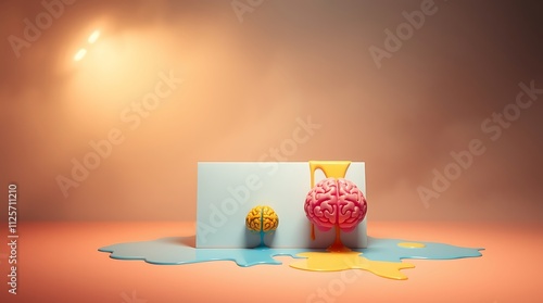 Creative melting brain sculptures on a pastel background, vibrant colors like pink, yellow, and blue, showcasing the concept of imagination and creativity photo