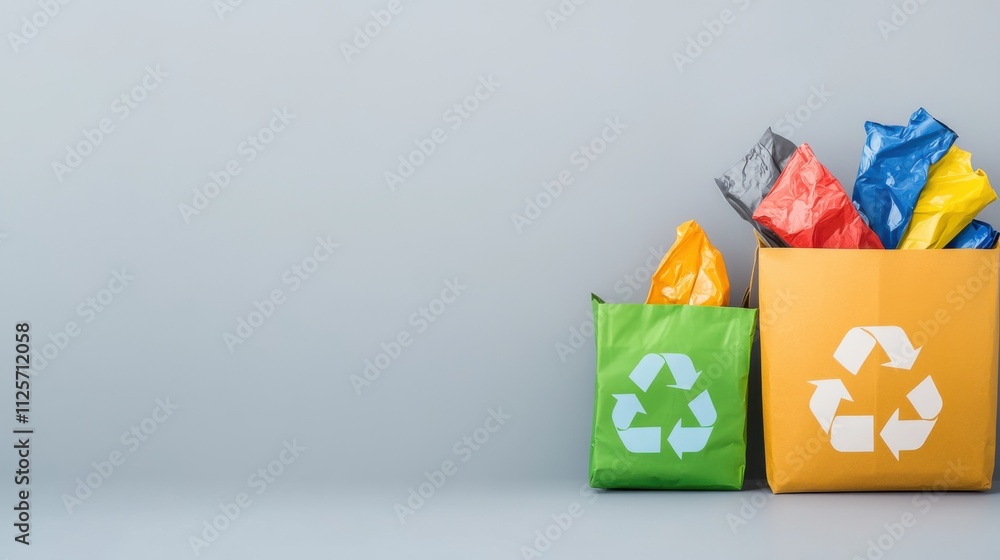 Obraz premium Colorful Recycling Bags for Waste Separation on Gray Background