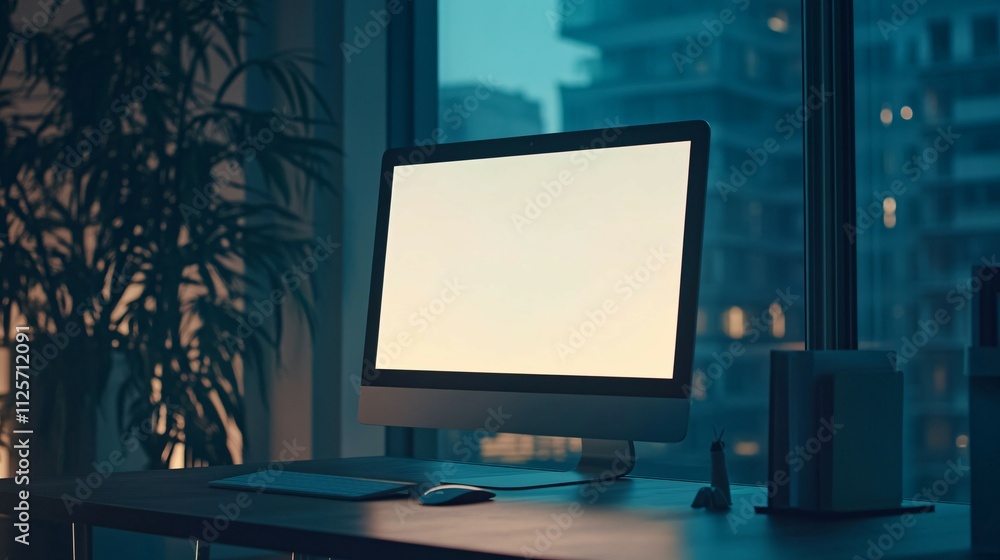 Modern Desktop Computer Setup At Night City View Modern Desktop Computer Setup At Night City View