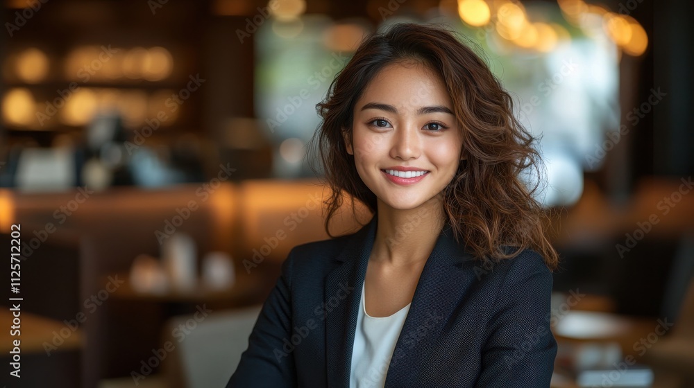 A woman in a black jacket and white shirt is smiling for the camera. Generative AI A woman in a black jacket and white shirt is smiling for the camera. Generative AI