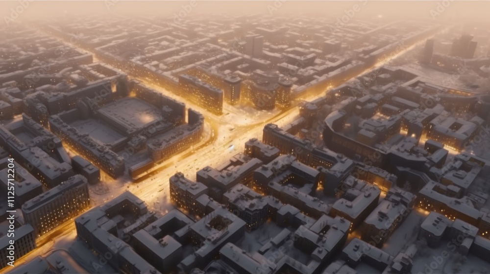 Obraz premium Ultra detailed, photorealistic aerial view of a snowy city skyline at dusk with festive holiday lights and decorations