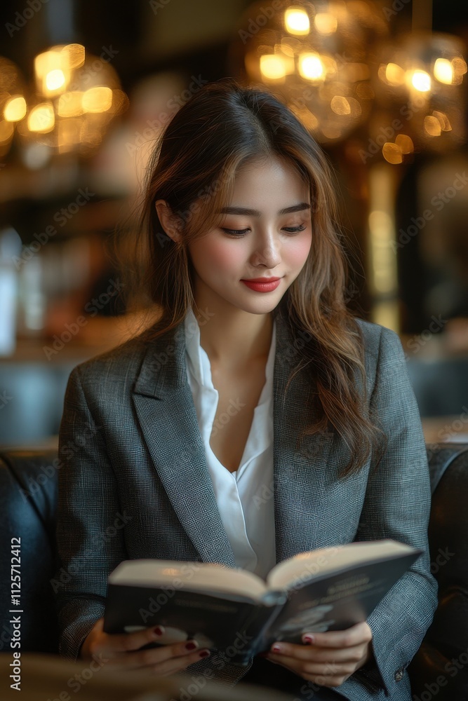 A woman is reading a book while sitting on a couch. Generative AI A woman is reading a book while sitting on a couch. Generative AI