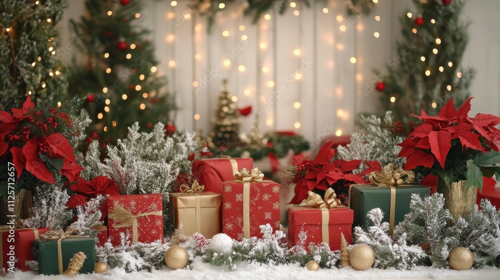 A Christmas tree is surrounded by a white wall and a red. Generative AI A Christmas tree is surrounded by a white wall and a red. Generative AI