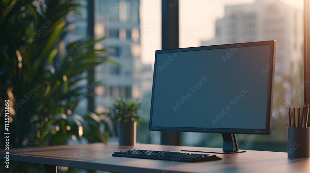 Fototapeta premium Modern Computer Setup Near Window With Plants