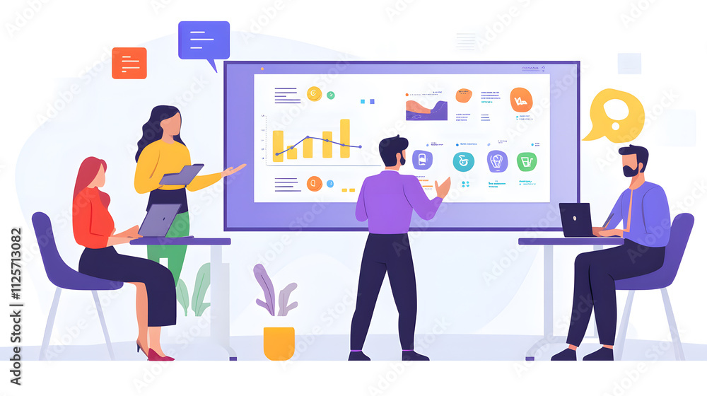 Professional team in corporate meeting room discussing data analysis and presentations. Engaged collaboration with charts and graphs displayed on large screen Professional team in corporate meeting room discussing data analysis and presentations. Engaged collaboration with charts and graphs displayed on large screen