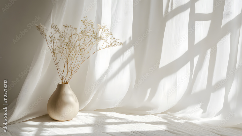 minimalist vase with dried flowers on light fabric background, creating serene atmosphere with soft shadows. elegant simplicity enhances tranquil setting