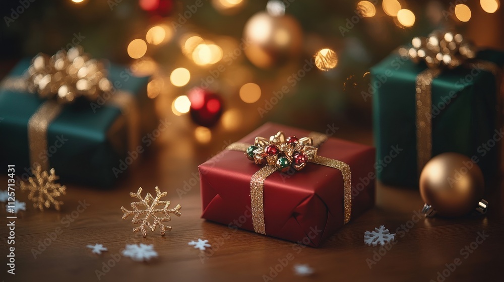 Three presents with gold bows on them are on a table. Generative AI Three presents with gold bows on them are on a table. Generative AI