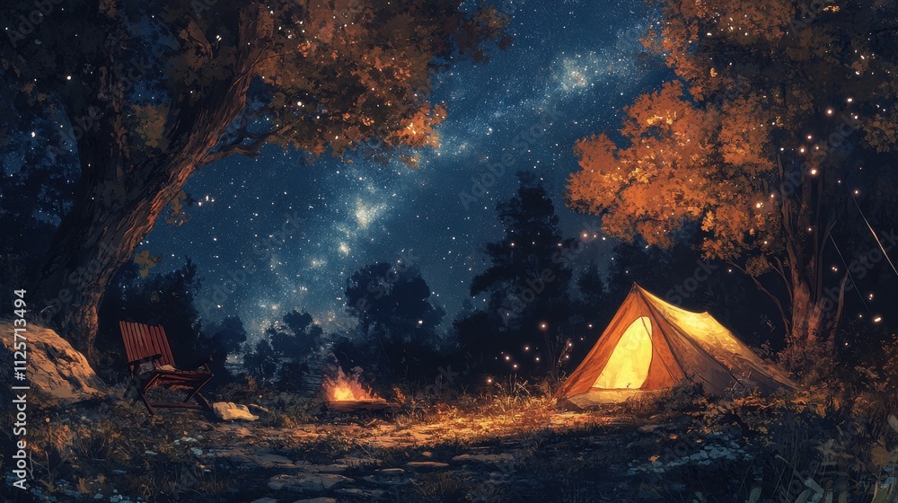 Night camping scene with tent, fire, and stars. Night camping scene with tent, fire, and stars.