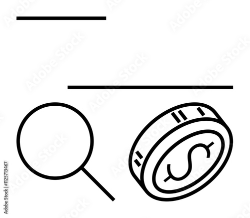 Magnifying glass examining a coin with a dollar symbol, and horizontal lines symbolizing analysis. Ideal for financial literacy, investment, market research, economic studies, auditing, budgeting