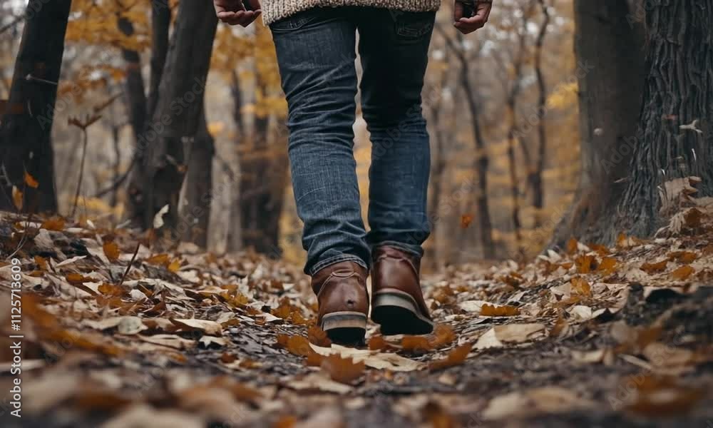 Person walking through autumnal woods, view from behind. Person walking through autumnal woods, view from behind.