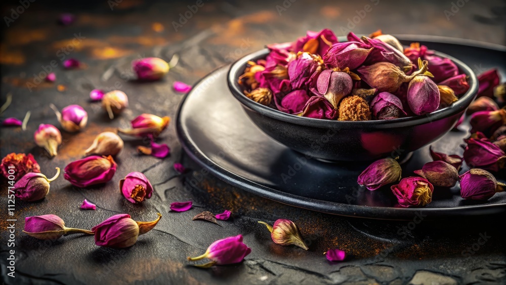 Low Light Photography: Purple Damask Rose Tea, Black Plate, Artistic Still Life Low Light Photography: Purple Damask Rose Tea, Black Plate, Artistic Still Life
