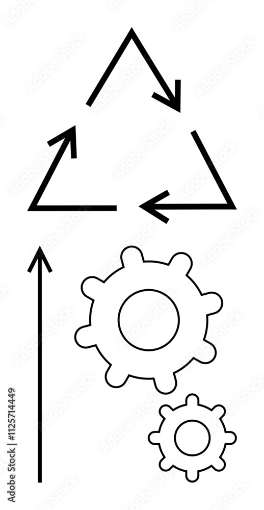 Black arrows form a triangle symbolizing recycling above two gears. Ideal for innovation, sustainability, growth, development, optimization, processes, teamwork. Line metaphor Black arrows form a triangle symbolizing recycling above two gears. Ideal for innovation, sustainability, growth, development, optimization, processes, teamwork. Line metaphor