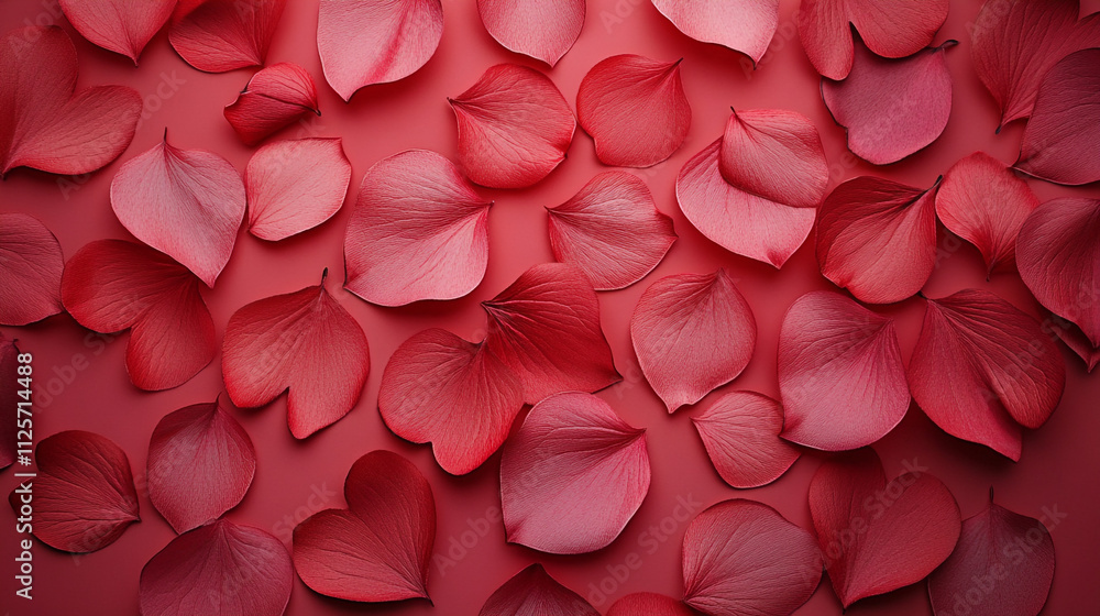 Fototapeta premium Heart-shaped rose petals scattered on a vibrant red background for Valentine's Day celebration
