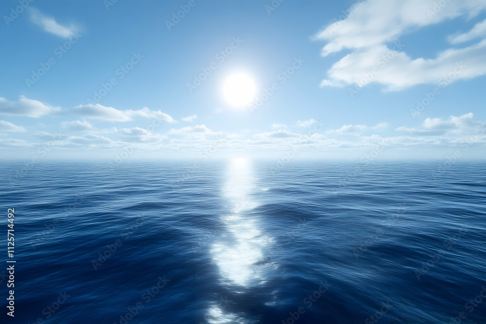 Sun-Kissed Horizon: A serene seascape unfolds, the sun casting a shimmering path across the tranquil blue waters, with fluffy white clouds dotting the azure sky. The image evokes a sense of peace. Sun-Kissed Horizon: A serene seascape unfolds, the sun casting a shimmering path across the tranquil blue waters, with fluffy white clouds dotting the azure sky. The image evokes a sense of peace.