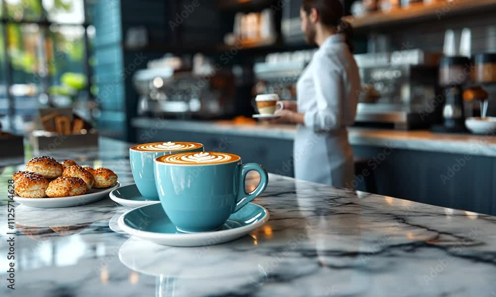 Two Latte Cups with Pastries in a Modern Cafe Setting Two Latte Cups with Pastries in a Modern Cafe Setting