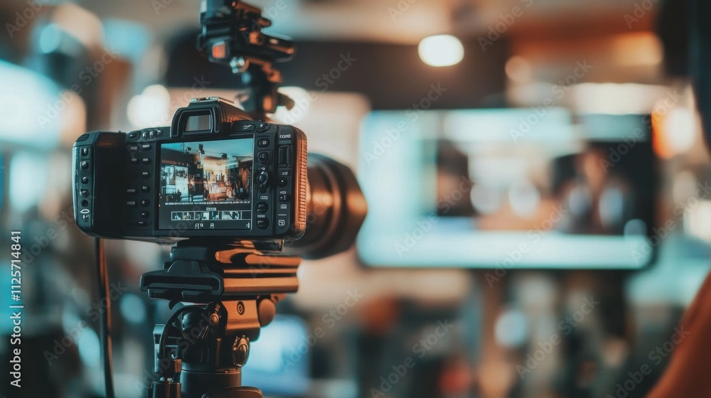 Camera captures an interview setup in a contemporary television studio, showcasing professional media tools in a creative environment. Generative AI Camera captures an interview setup in a contemporary television studio, showcasing professional media tools in a creative environment. Generative AI