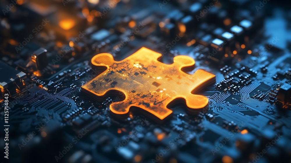 Glowing holographic puzzle piece integrated on circuit board, symbolizing interconnection in technology Glowing holographic puzzle piece integrated on circuit board, symbolizing interconnection in technology