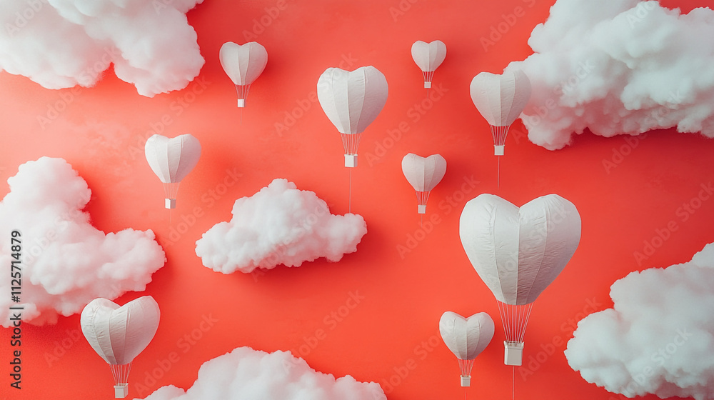 Obraz premium Heart-shaped balloons float among fluffy clouds for Valentine's Day celebration