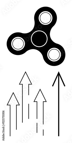 Fidget spinner above multiple upward arrows. Ideal for business growth, personal development, success planning, achievement, motivation, progress, and productivity themes. Line metaphor