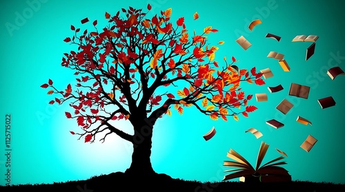 colorful tree with open books and falling leaves, representing knowledge and creativity in education and nature, set against a light blue background photo