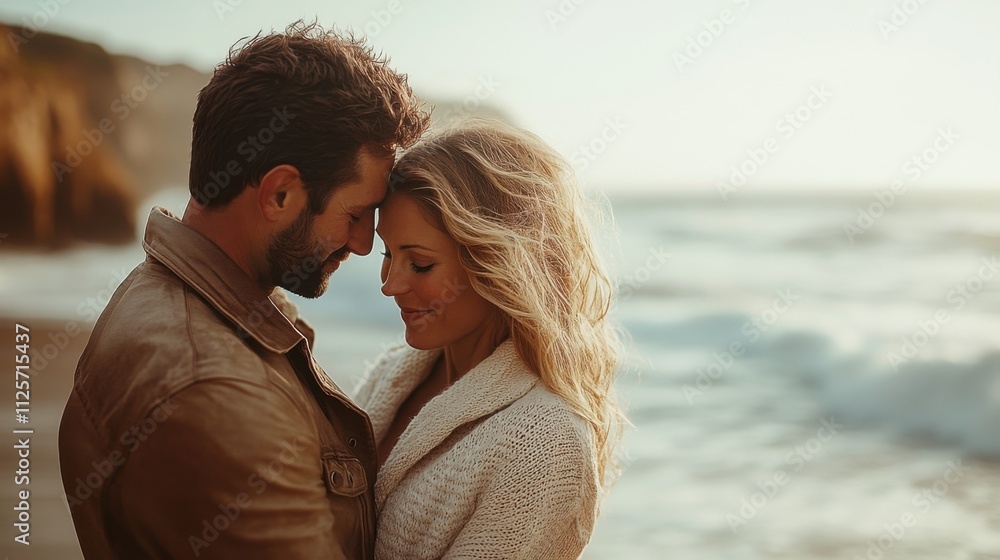 Romantic moment of a couple embracing together on a serene beach during sunset by the ocean waves Romantic moment of a couple embracing together on a serene beach during sunset by the ocean waves