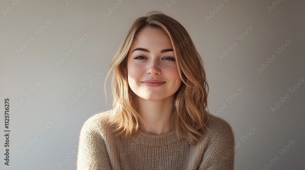 Young Woman with Soft Smile in Casual Sweater, Natural Lighting Young Woman with Soft Smile in Casual Sweater, Natural Lighting