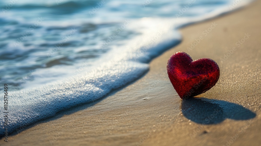 Fototapeta premium Red Heart Shaped Decoration on Sandy Beach with Gentle Ocean Waves in Background During Sunset Light