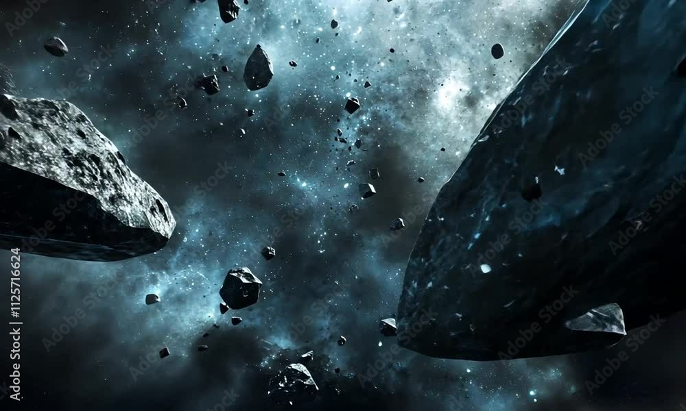 A cosmic scene depicting asteroids floating in space, surrounded by a ...