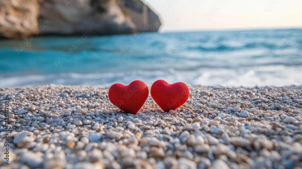 Small Red Hearts on Pebble Shore with Ocean Waves and Soft Sunset Light in Background Small Red Hearts on Pebble Shore with Ocean Waves and Soft Sunset Light in Background
