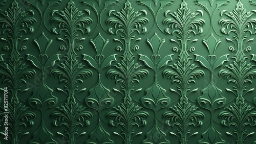 Luxurious Green Damask Fabric Texture, Elegant Embossed Pattern