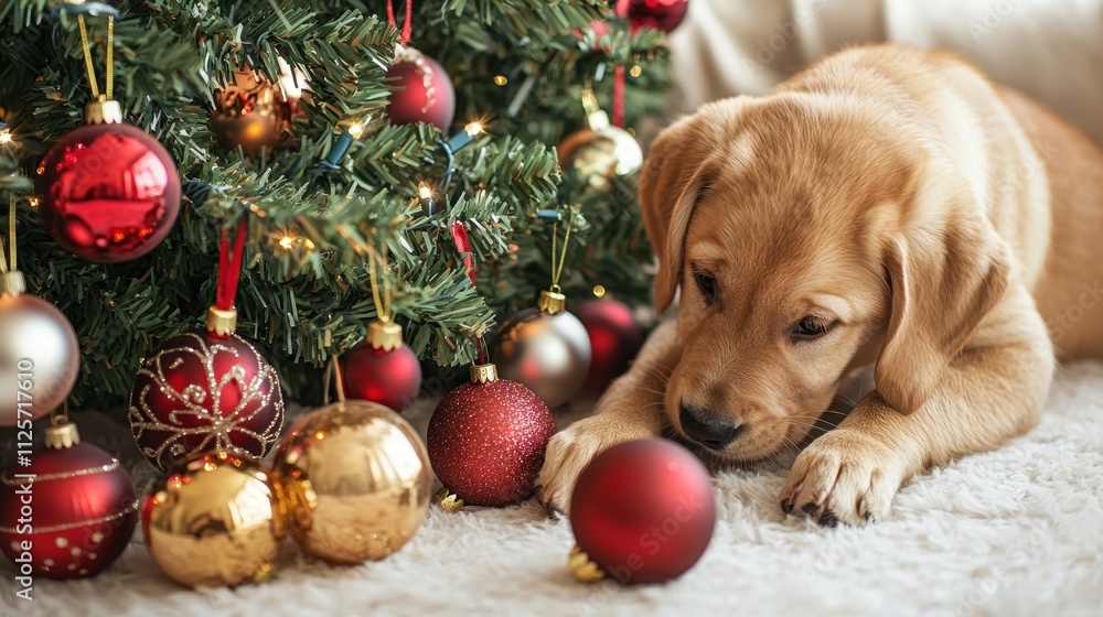 A playful puppy rests by a decorated Christmas tree, curiously eyeing a red ornament on the floor. A playful puppy rests by a decorated Christmas tree, curiously eyeing a red ornament on the floor.