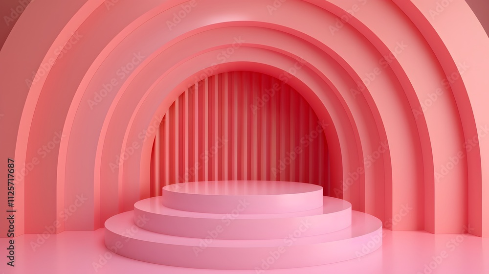 Pink archway podium with three tiered circular platforms. Pink archway podium with three tiered circular platforms.