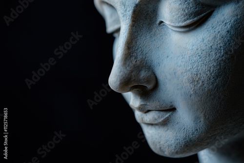 Close-up of a serene Buddha face sculpture with textured details for meditation and art themes photo