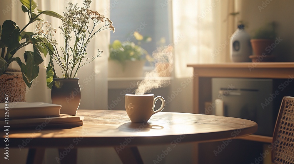 Cozy Coffee Corner Setup with Wooden Table and Steaming Cup Cozy Coffee Corner Setup with Wooden Table and Steaming Cup